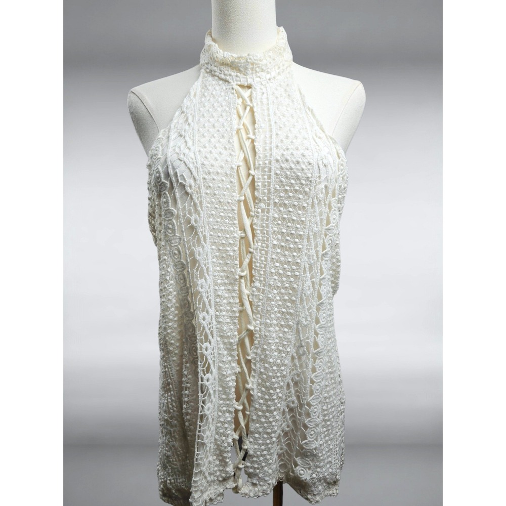 BKE Gimmicks Crochet Halter Top Large Ivory Lace Lace Up Festival Tank